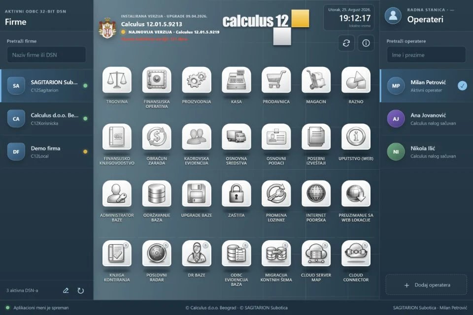 Calculus Aplikacioni Meni PRO sa listom firmi, programskim dugmadima i izabranim operaterom